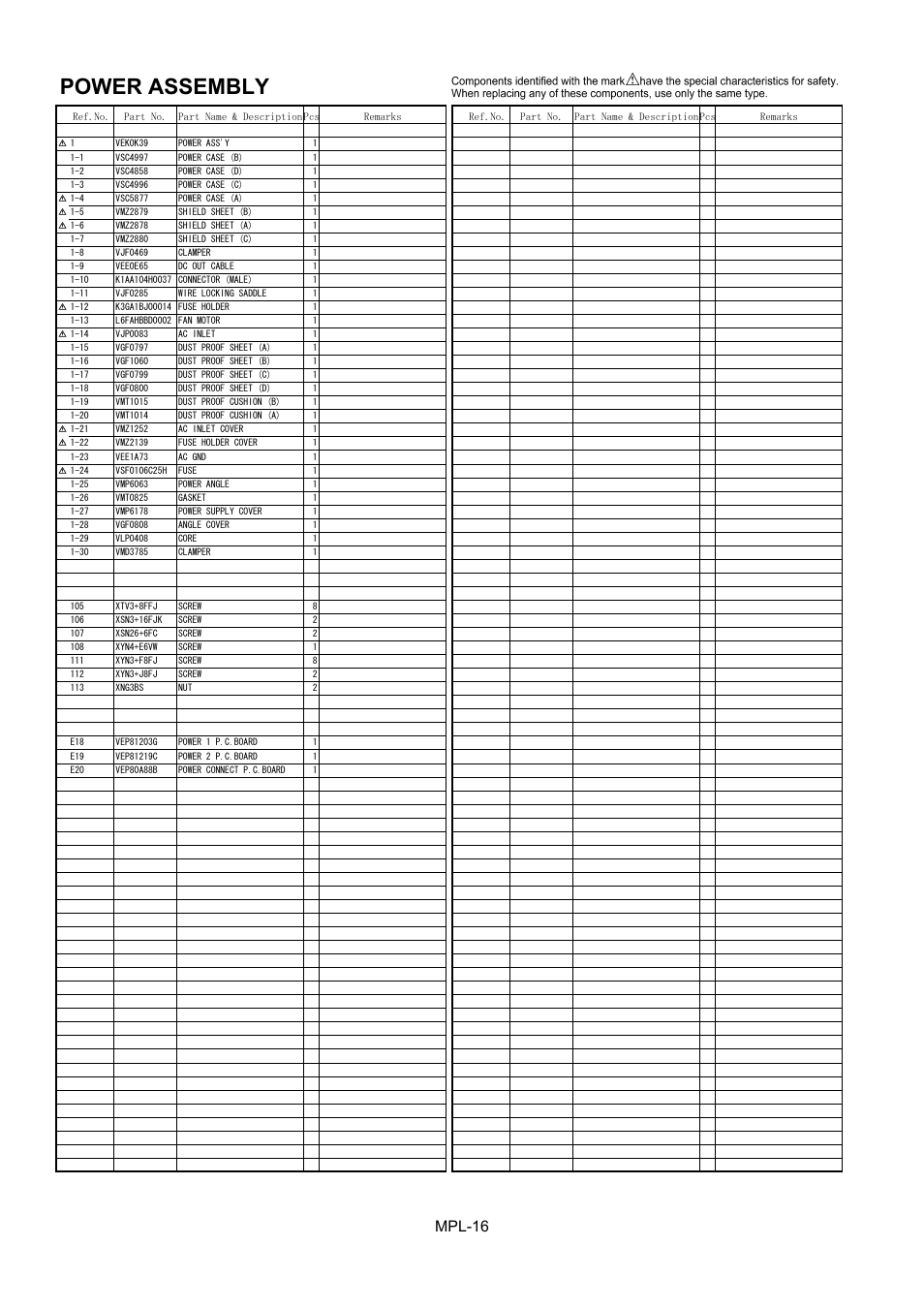 Power assembly, Mpl-16 | Panasonic AJ-HD1400MC User Manual | Page 17 / 19