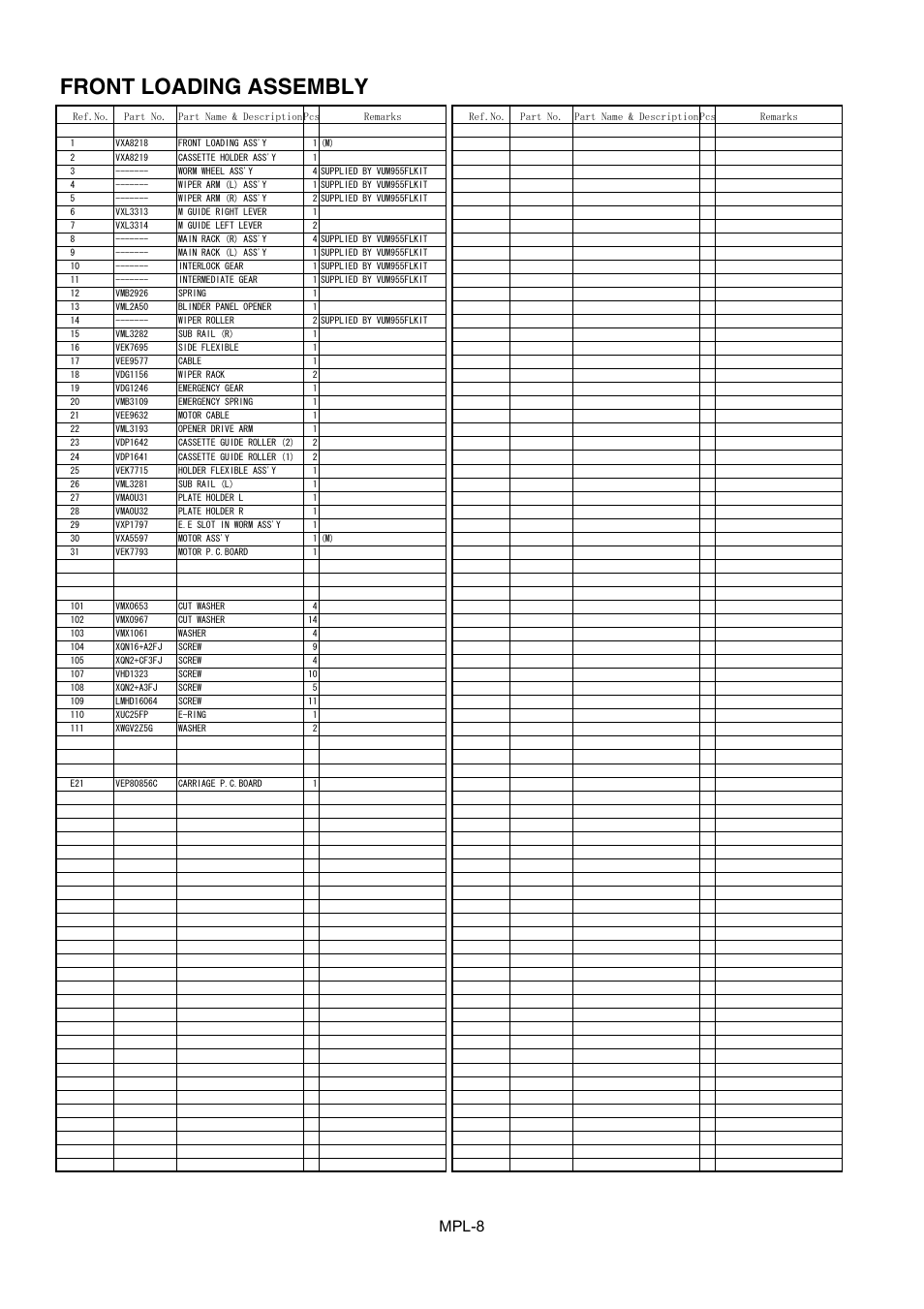 Front loading assembly, Mpl-8 | Panasonic AJ-HD1400MC User Manual | Page 9 / 19