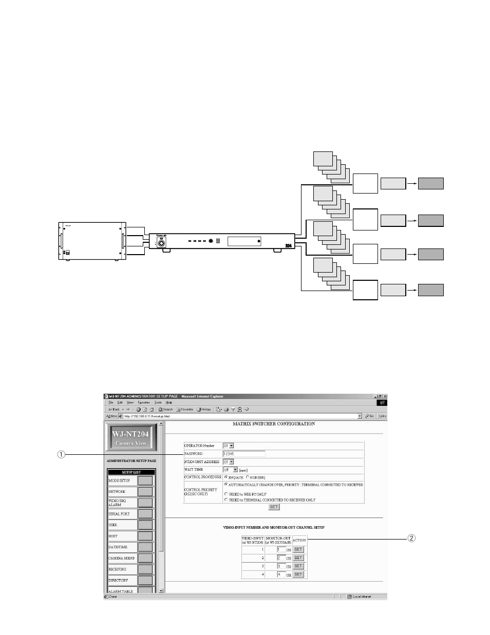 Wj-sx550b matrix switcher control, Connections, Setup | Panasonic WJ-NT204 User Manual | Page 110 / 147