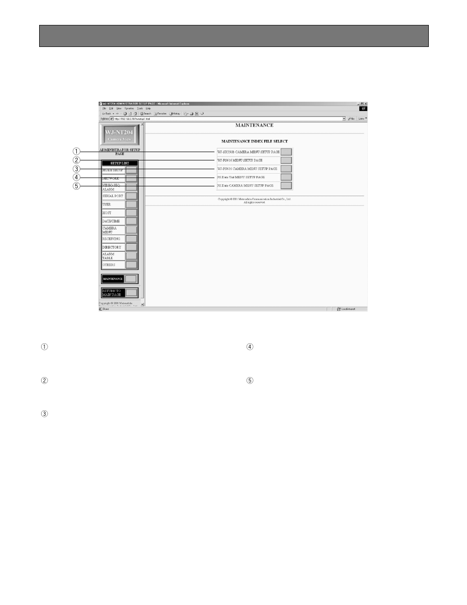 Maintenance, Maintenance index file select | Panasonic WJ-NT204 User Manual | Page 96 / 147