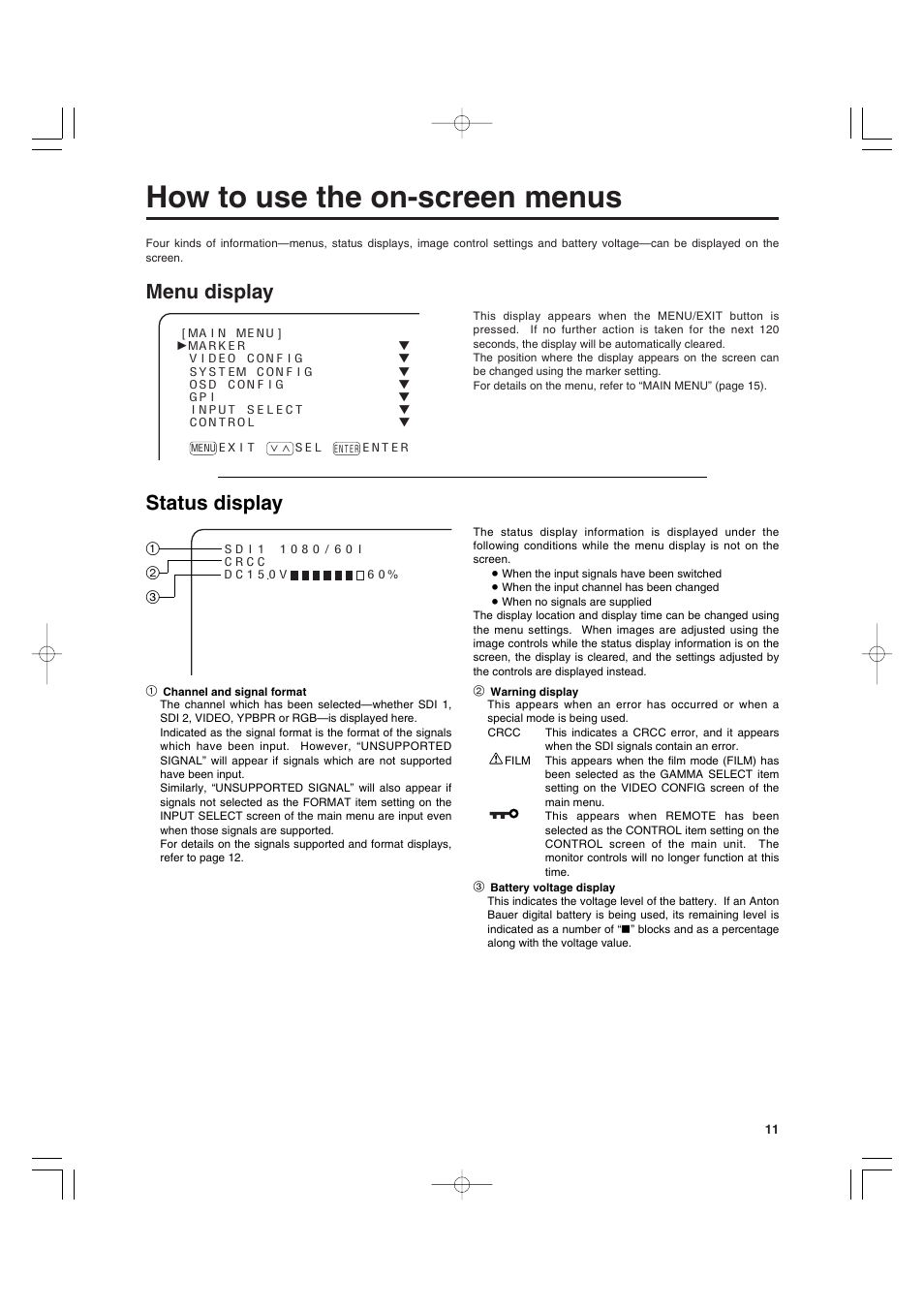 How to use the on-screen menus, Menu display, Status display | Panasonic BT-LT900A User Manual | Page 2 / 12