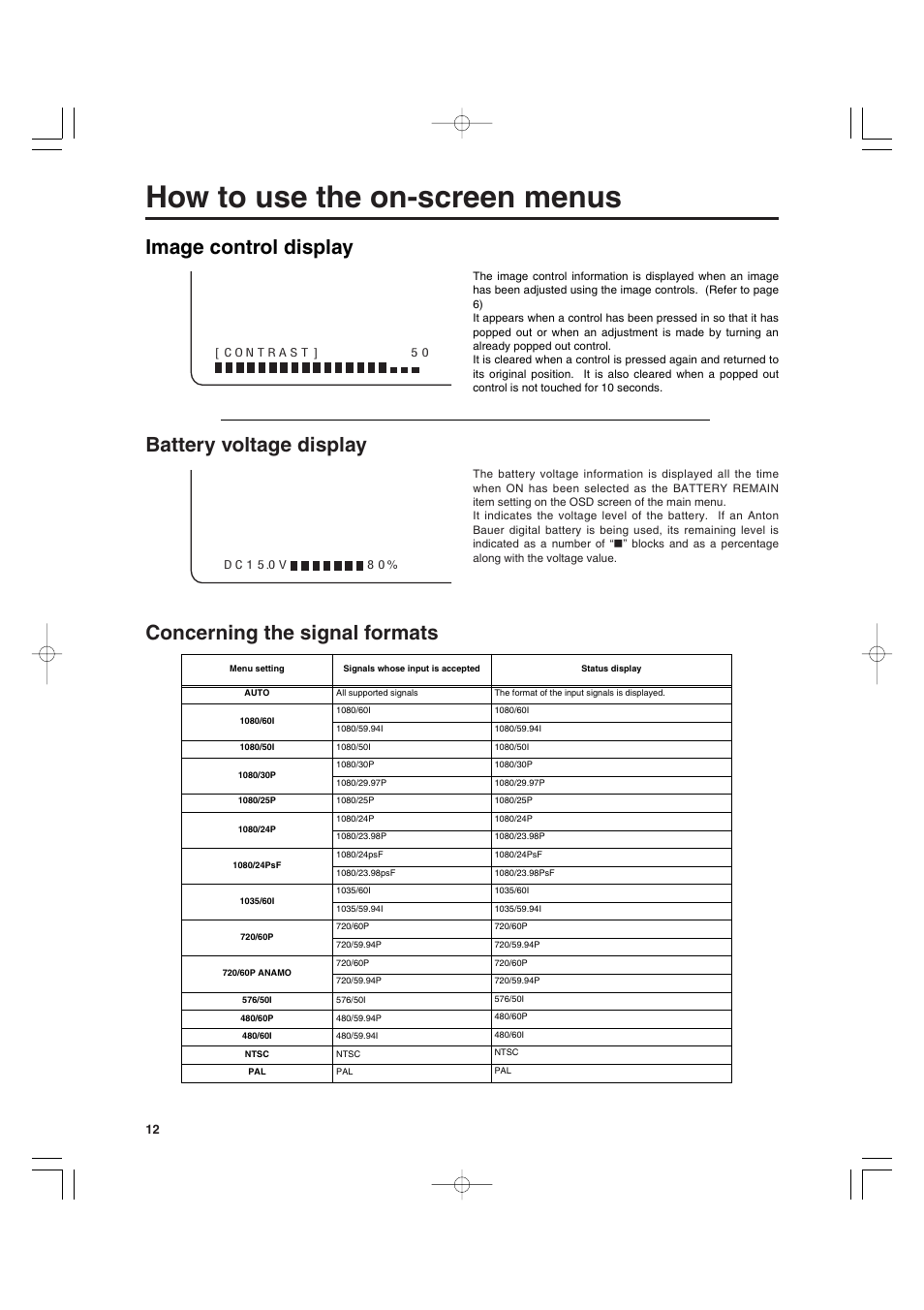 How to use the on-screen menus, Image control display | Panasonic BT-LT900A User Manual | Page 3 / 12