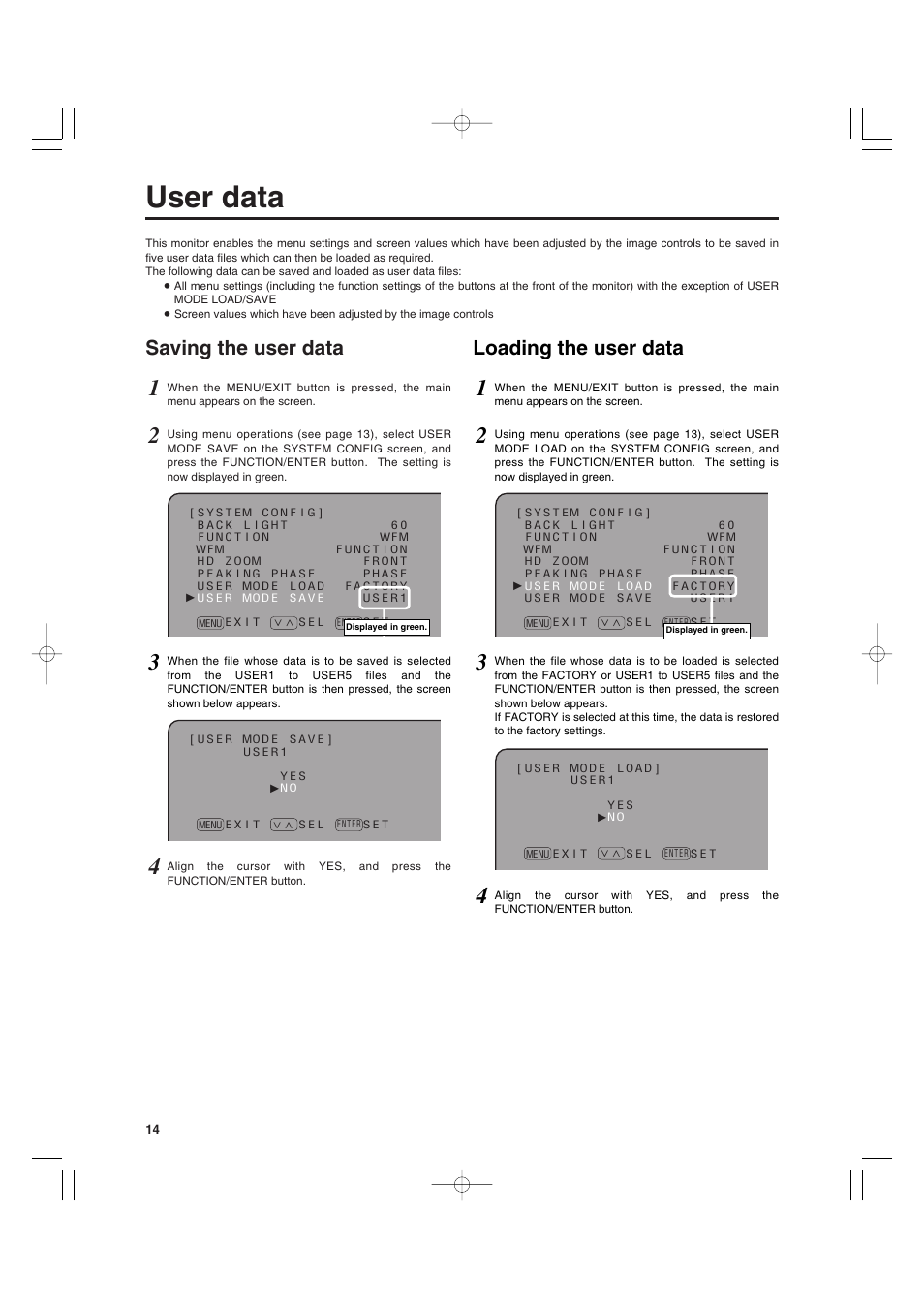 User data, Saving the user data, Loading the user data | Panasonic BT-LT900A User Manual | Page 5 / 12