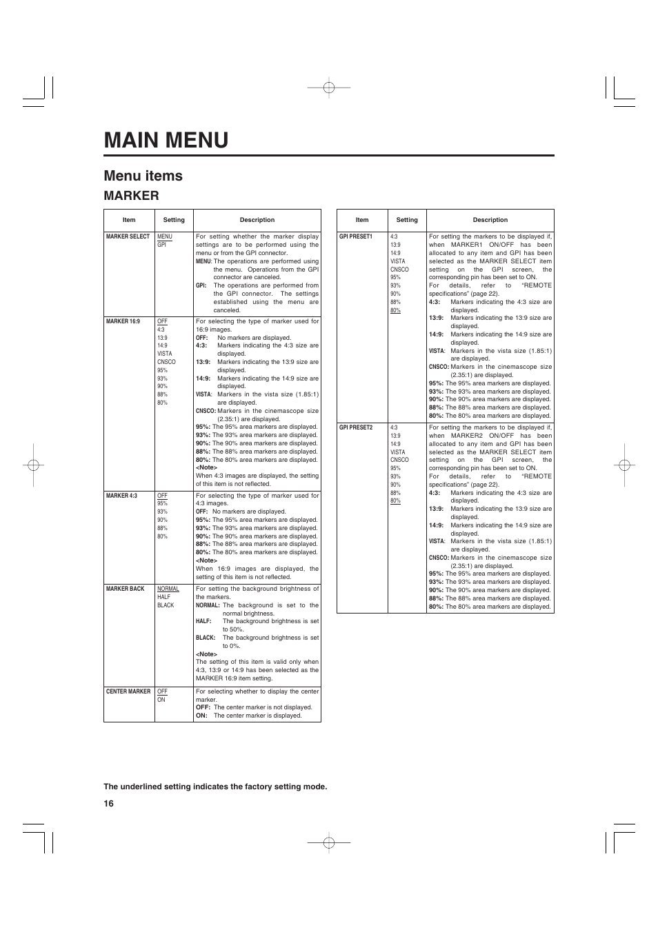 Main menu, Menu items, Marker | Panasonic BT-LT900A User Manual | Page 7 / 12