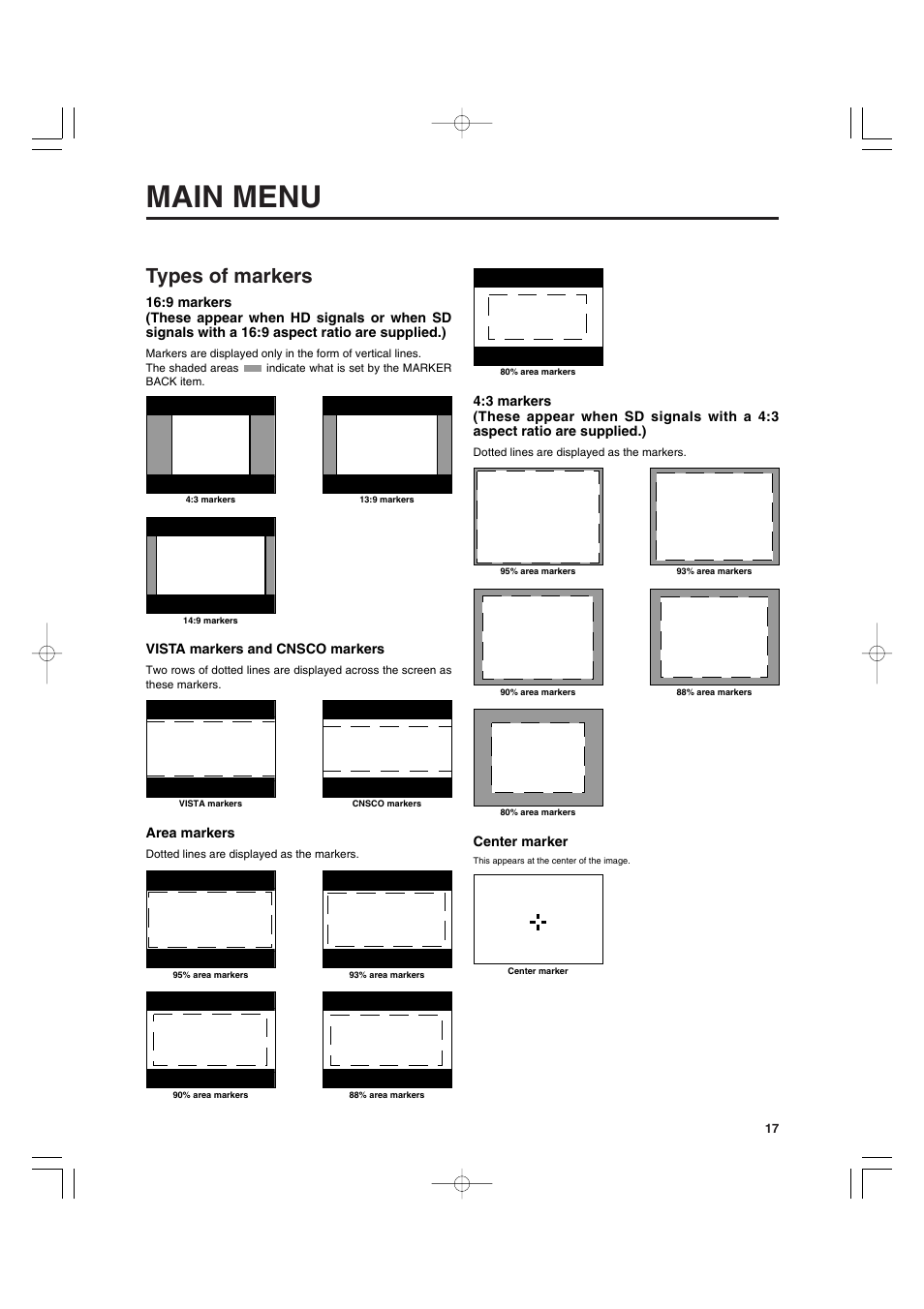 Main menu, Types of markers | Panasonic BT-LT900A User Manual | Page 8 / 12