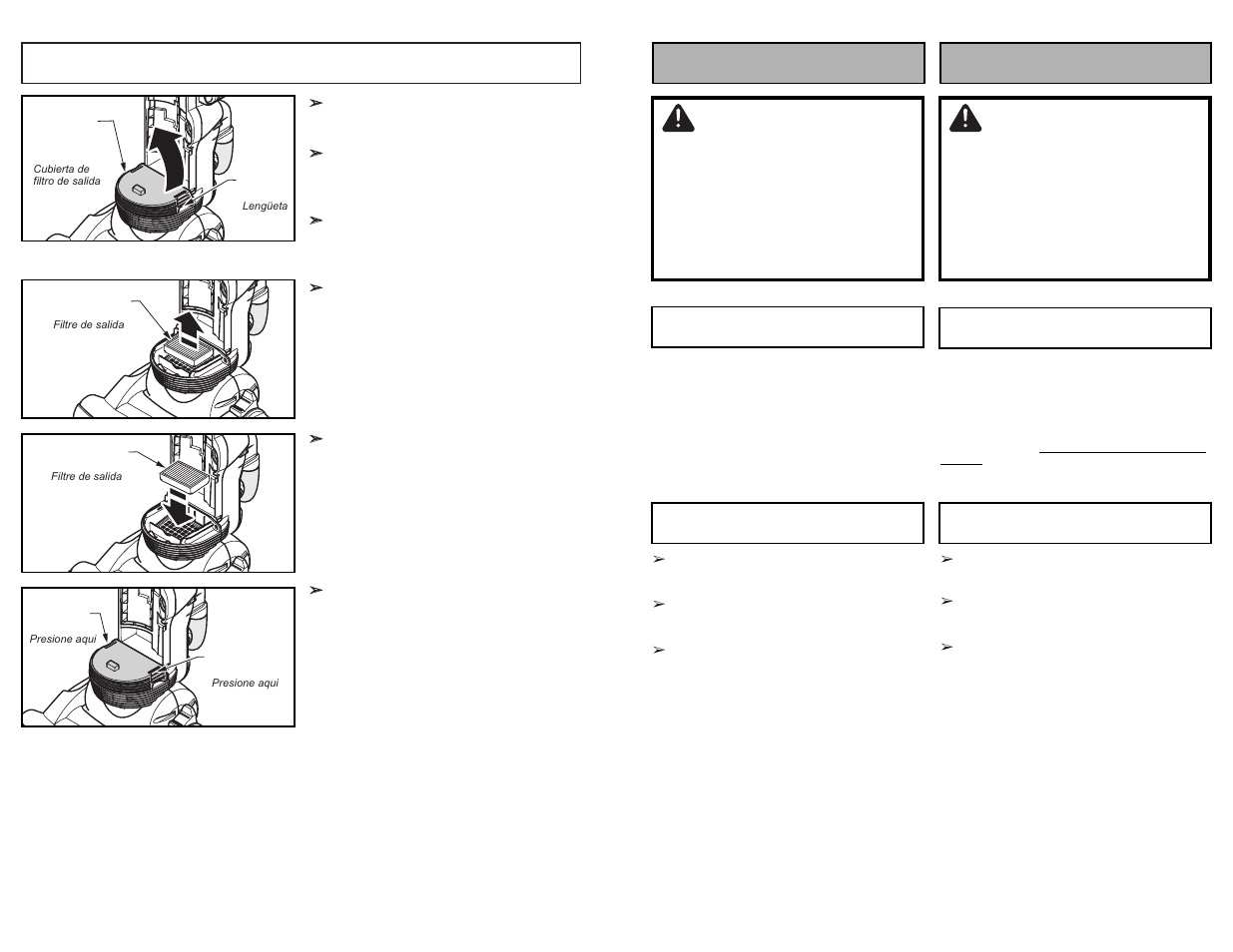 Attention, Cuidado, Replacing hepa exhaust filter | Para usar la aspiradora fonctionnement | Panasonic MC-UL910 User Manual | Page 25 / 68