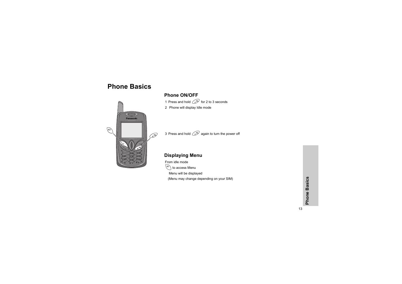 Phone basics, Phone on/off, Displaying menu | Phone on/off displaying menu | Panasonic EB-G50 User Manual | Page 16 / 104
