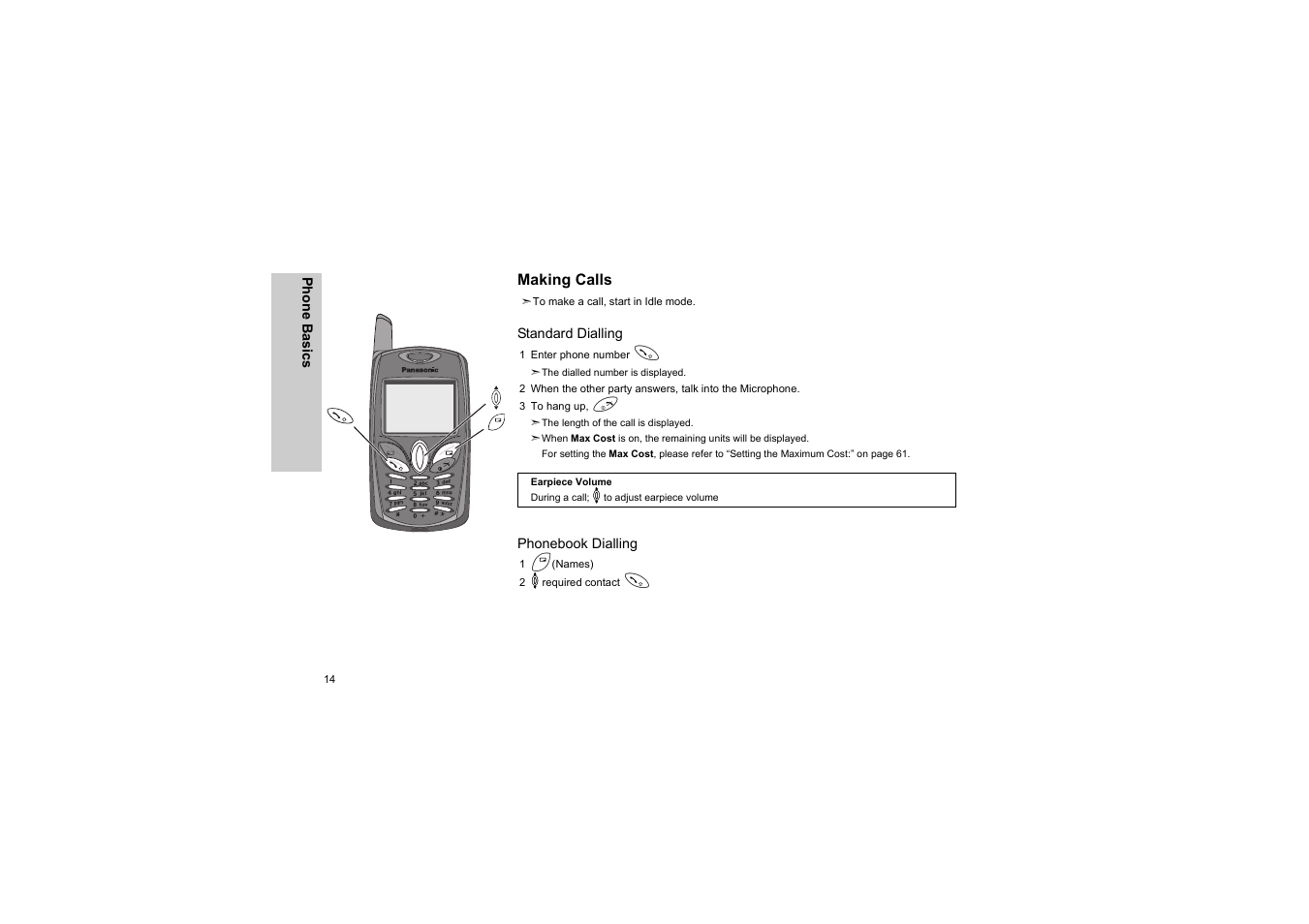 Making calls, Standard dialling, Phonebook dialling | Panasonic EB-G50 User Manual | Page 17 / 104
