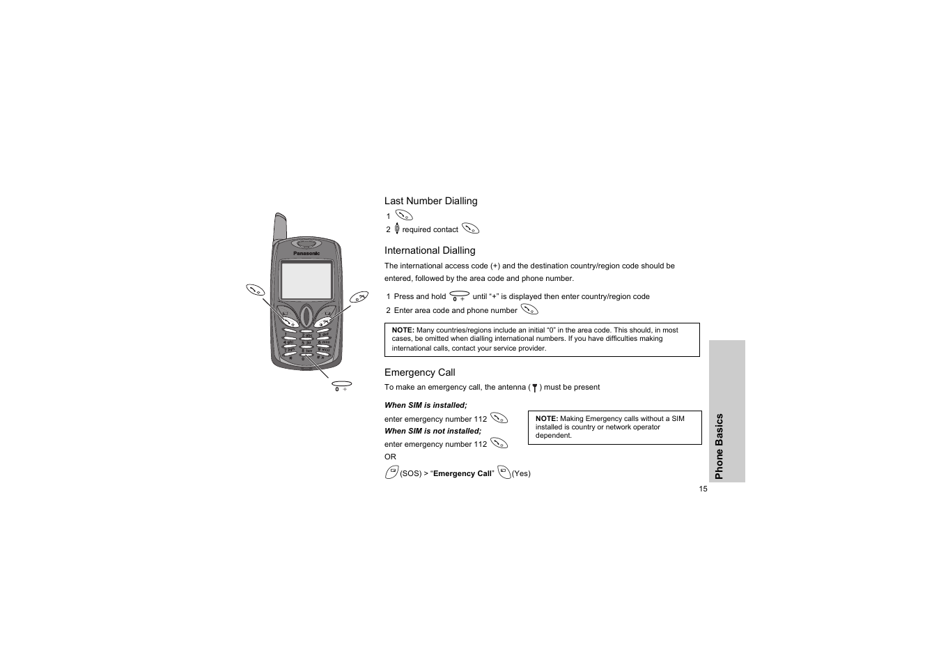 Last number dialling, International dialling, Emergency call | When sim is installed, When sim is not installed | Panasonic EB-G50 User Manual | Page 18 / 104
