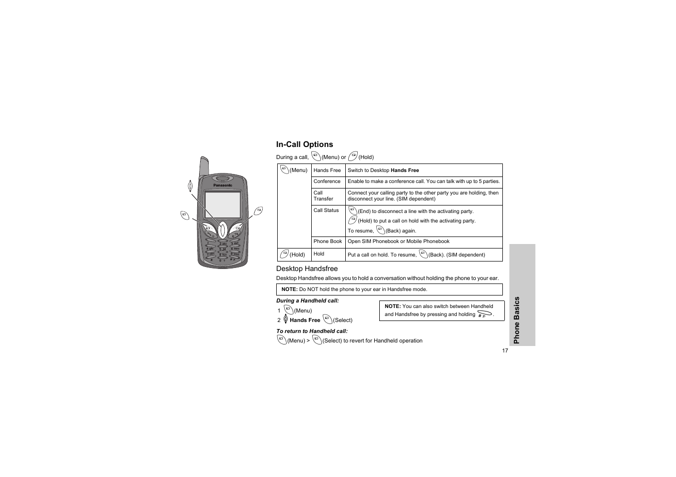 In-call options, Desktop handsfree, During a handheld call | To return to handheld call | Panasonic EB-G50 User Manual | Page 20 / 104