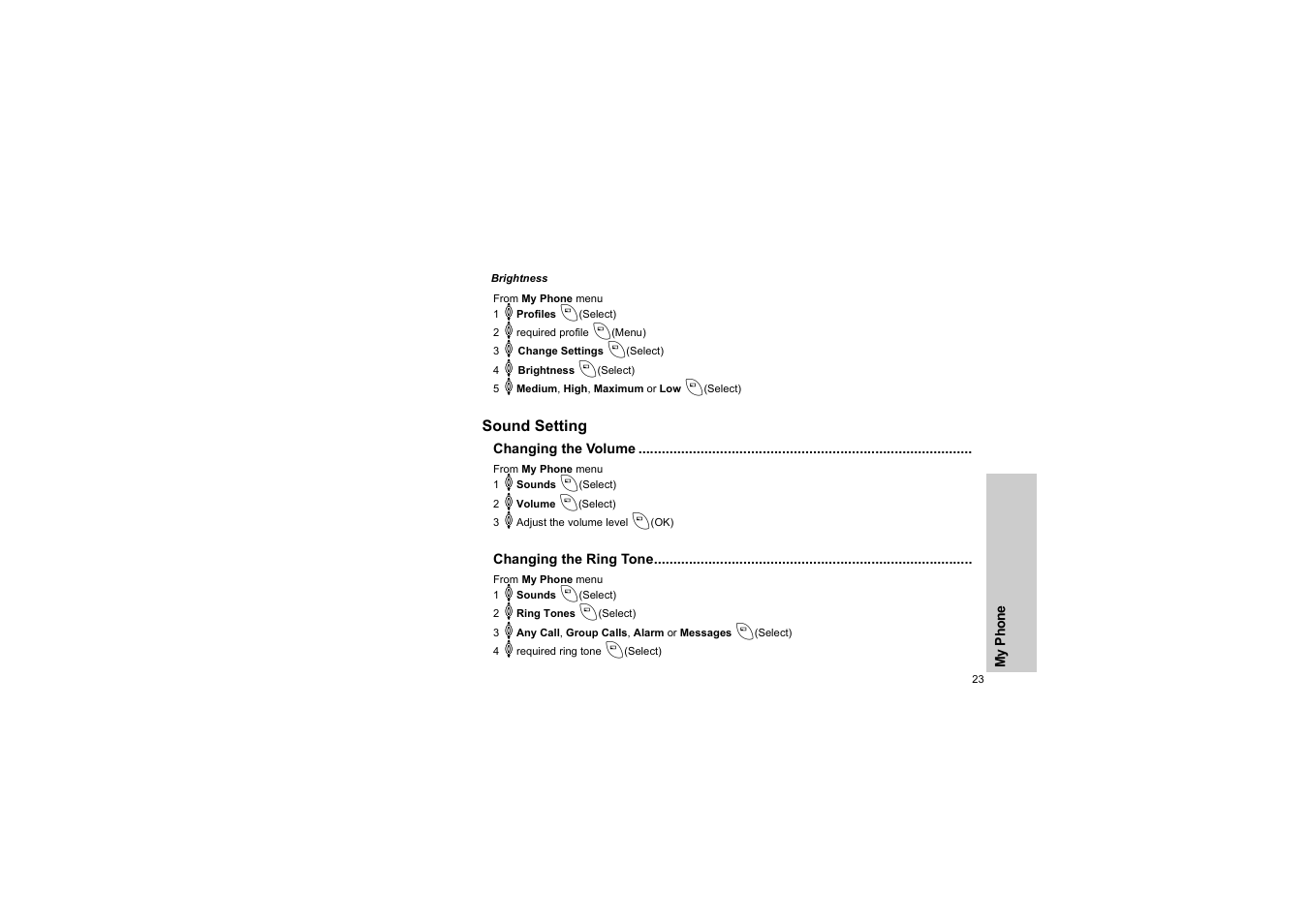 Brightness, Sound setting, Changing the volume | Changing the ring tone, P. 23) | Panasonic EB-G50 User Manual | Page 26 / 104