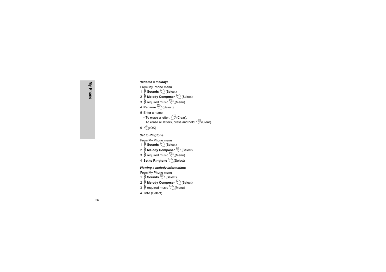 Rename a melody, Set to ringtone, Viewing a melody information | Panasonic EB-G50 User Manual | Page 29 / 104