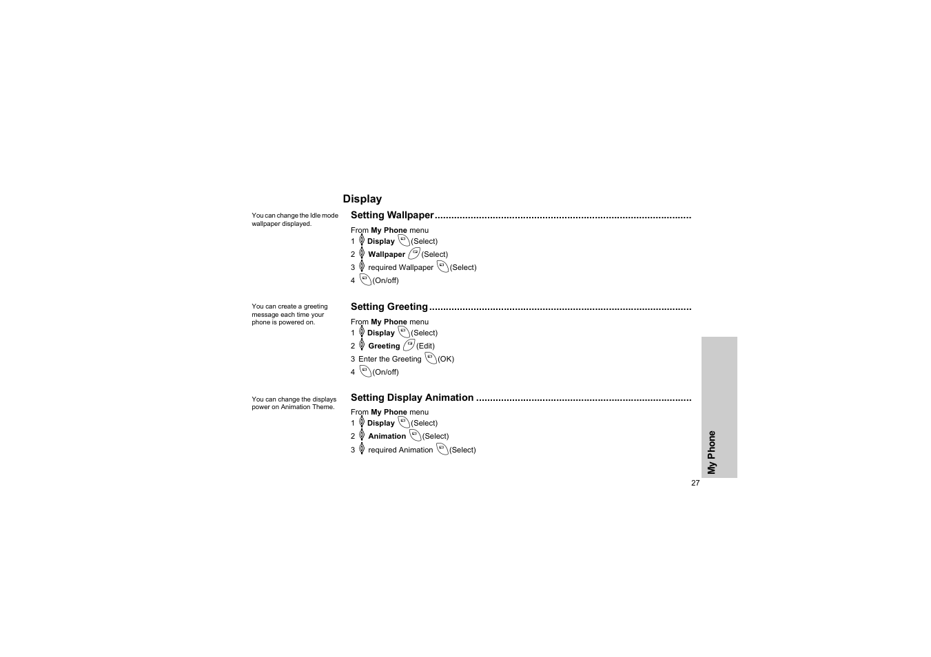 Display, Setting wallpaper, Setting greeting | Setting display animation, P. 27) | Panasonic EB-G50 User Manual | Page 30 / 104