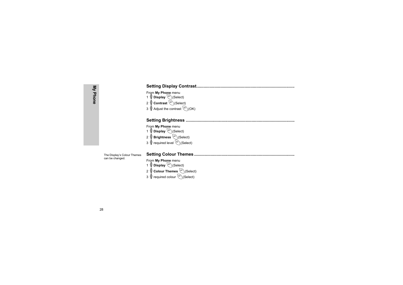 Setting display contrast, Setting brightness, Setting colour themes | Panasonic EB-G50 User Manual | Page 31 / 104