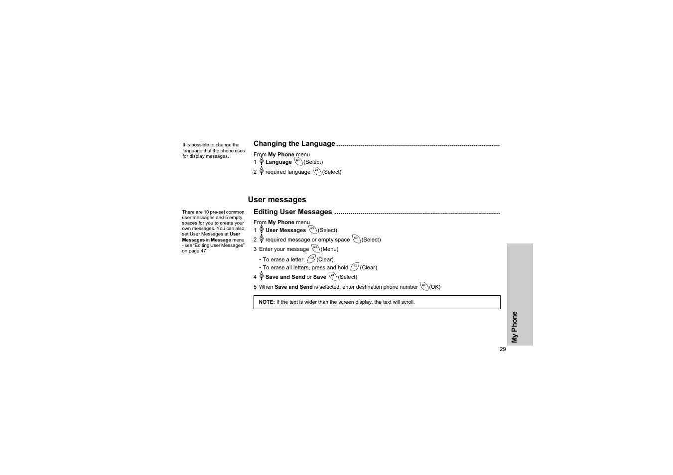 Changing the language, User messages, Editing user messages | P. 29) | Panasonic EB-G50 User Manual | Page 32 / 104