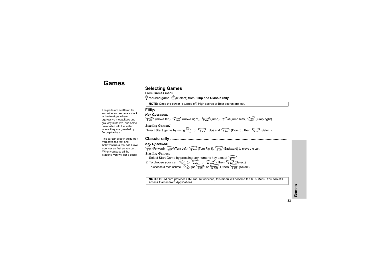 Games, Selecting games, Fillip | Key operation, Starting games, Classic rally | Panasonic EB-G50 User Manual | Page 36 / 104