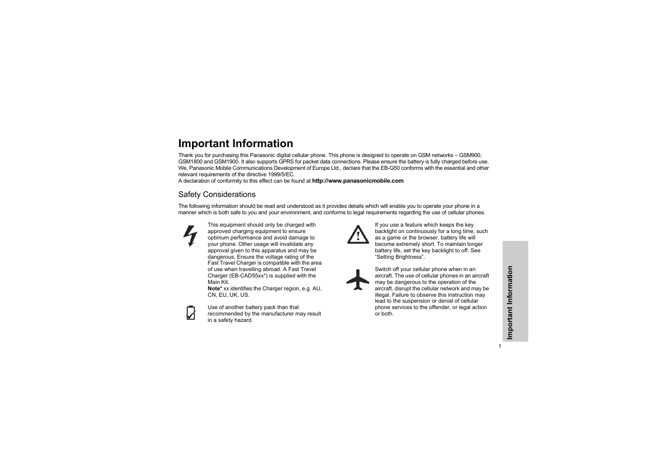 Important information, Safety considerations | Panasonic EB-G50 User Manual | Page 4 / 104