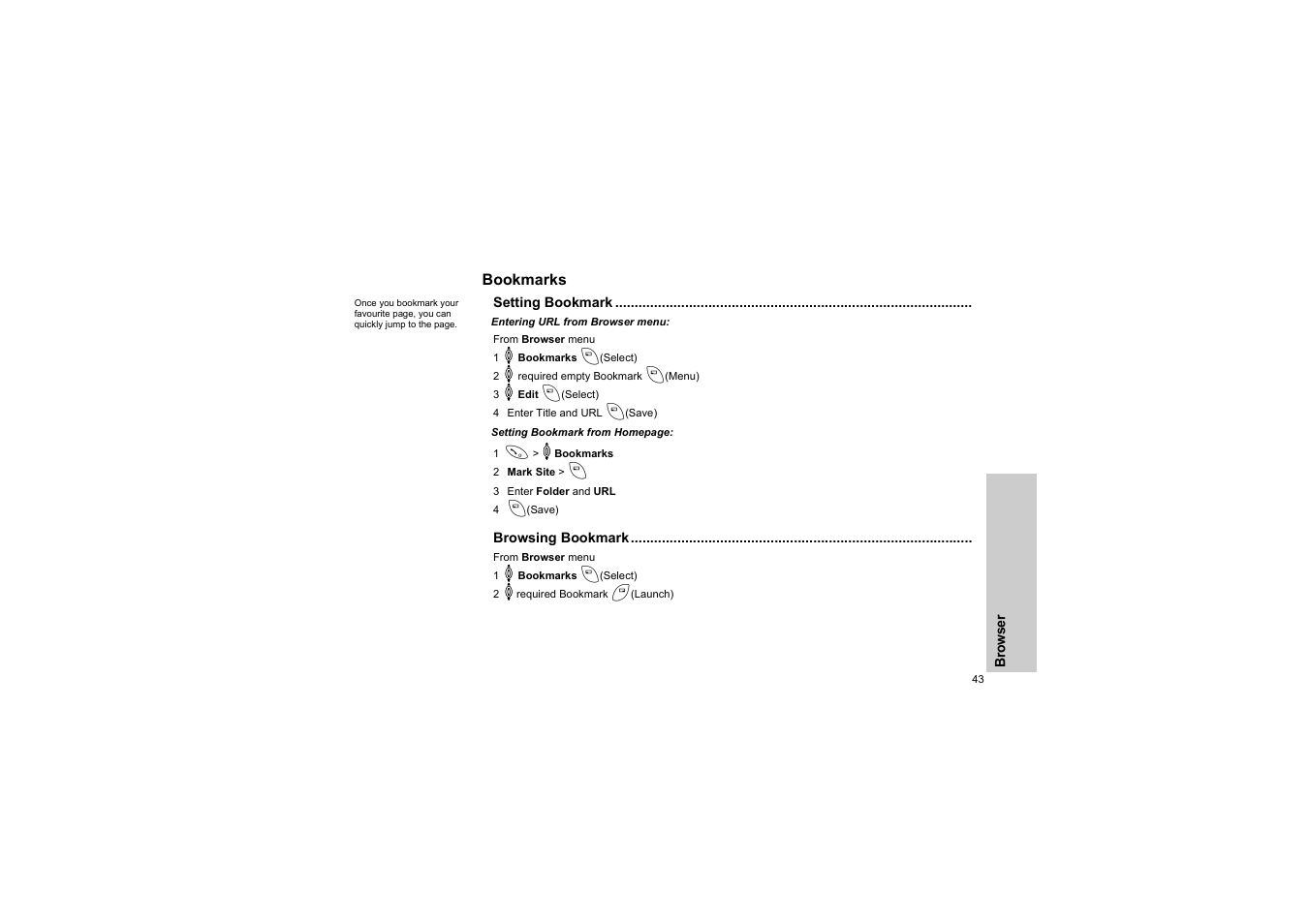 Bookmarks, Setting bookmark, Entering url from browser menu | Browsing bookmark | Panasonic EB-G50 User Manual | Page 46 / 104