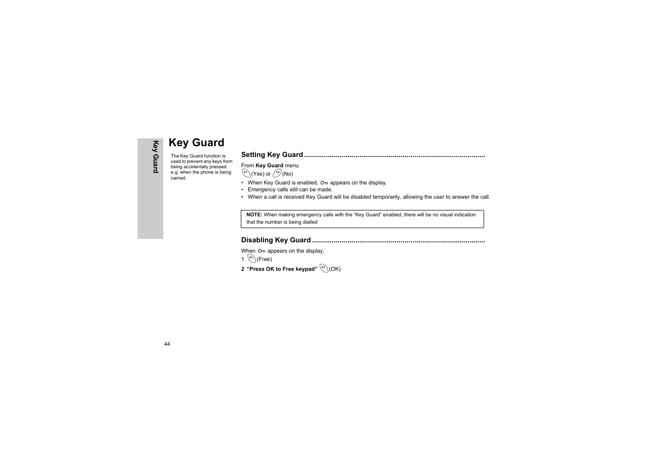 Key guard, Setting key guard, Disabling key guard | Panasonic EB-G50 User Manual | Page 47 / 104
