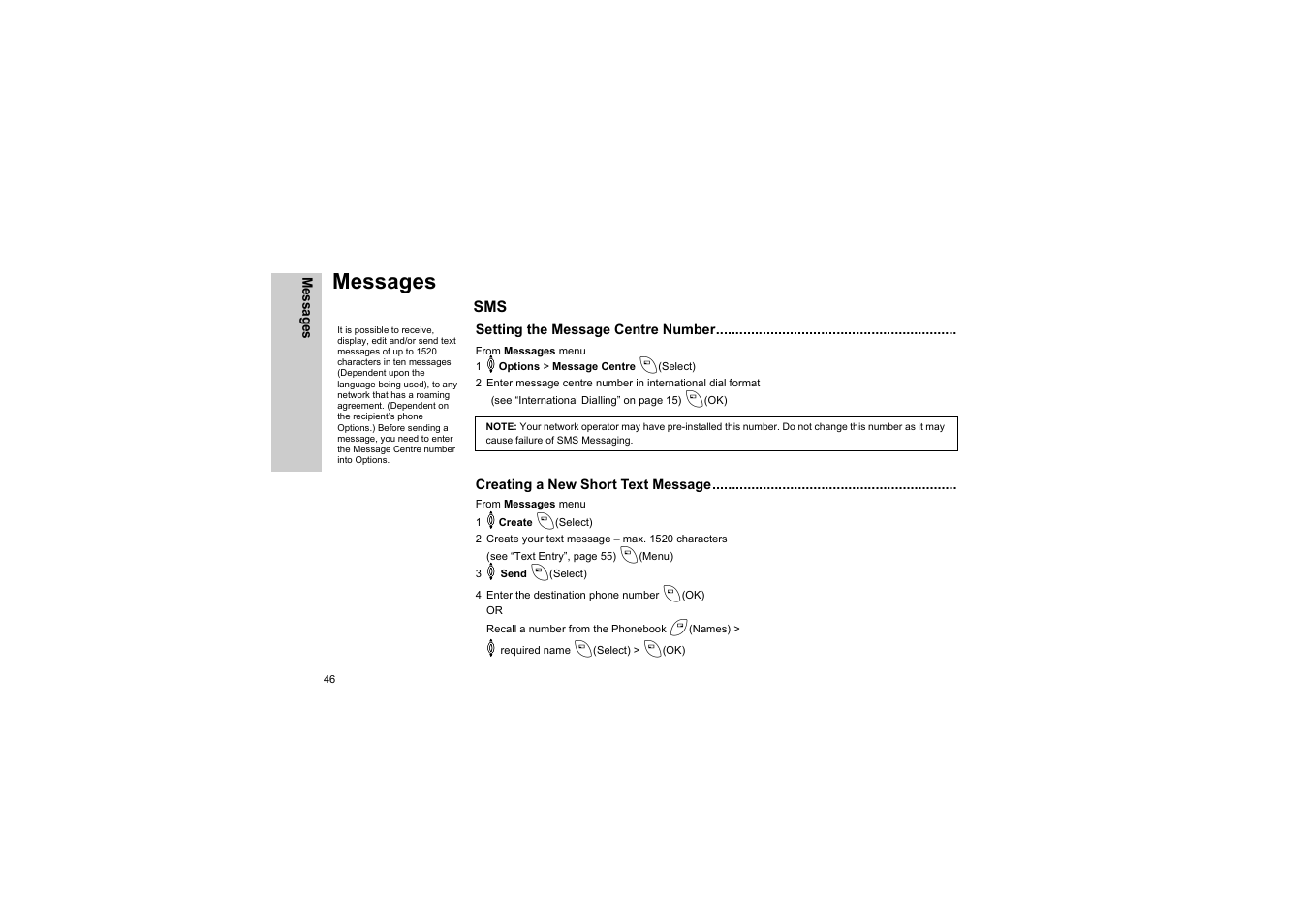 Messages, Setting the message centre number, Creating a new short text message | Panasonic EB-G50 User Manual | Page 49 / 104