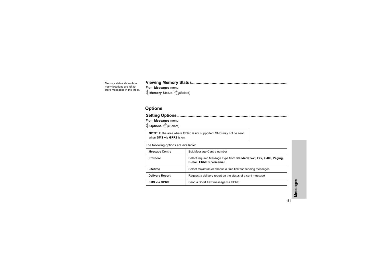 Viewing memory status, Options, Setting options | Panasonic EB-G50 User Manual | Page 54 / 104