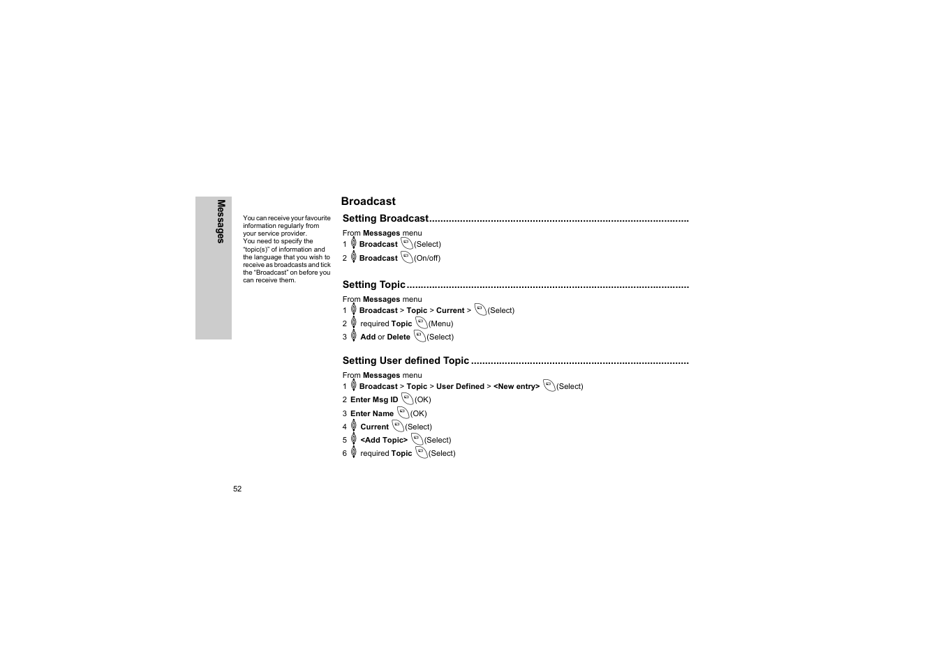 Broadcast, Setting broadcast, Setting topic | Setting user defined topic | Panasonic EB-G50 User Manual | Page 55 / 104