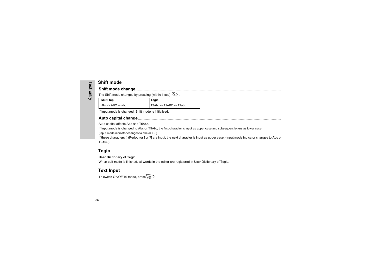 Shift mode, Shift mode change, Auto capital change | Tegic, Text input, Shift mode tegic text input | Panasonic EB-G50 User Manual | Page 59 / 104