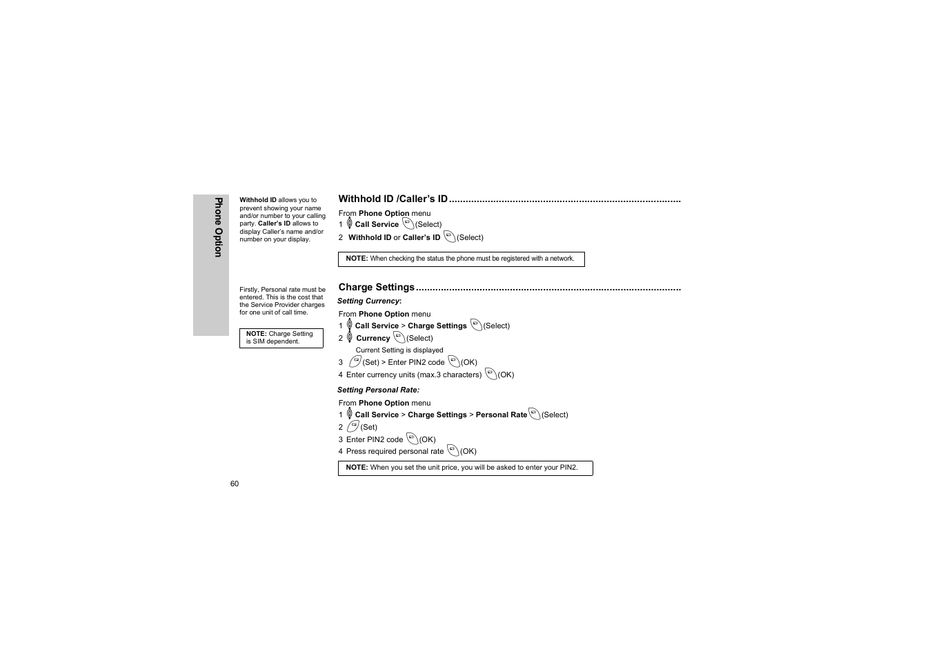 Withhold id /caller’s id, Charge settings, Setting currency | Setting personal rate | Panasonic EB-G50 User Manual | Page 63 / 104