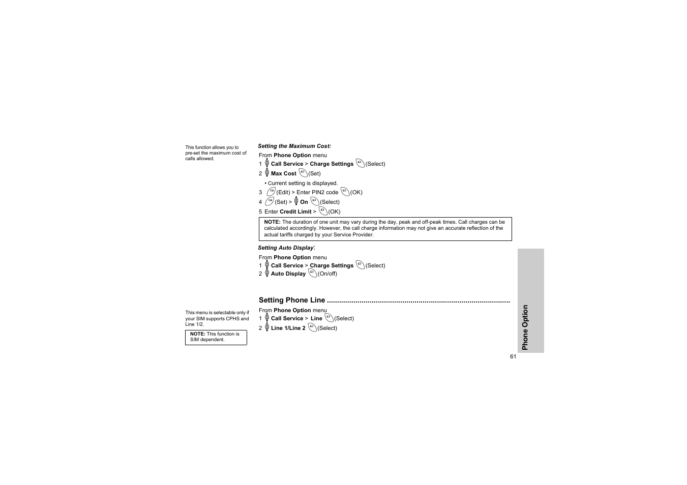 Setting the maximum cost, Setting auto display, Setting phone line | Panasonic EB-G50 User Manual | Page 64 / 104