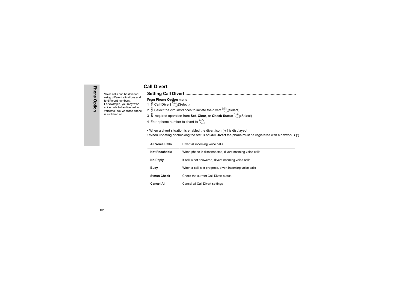Call divert, Setting call divert | Panasonic EB-G50 User Manual | Page 65 / 104