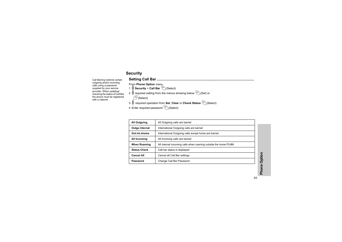 Security, Setting call bar | Panasonic EB-G50 User Manual | Page 66 / 104