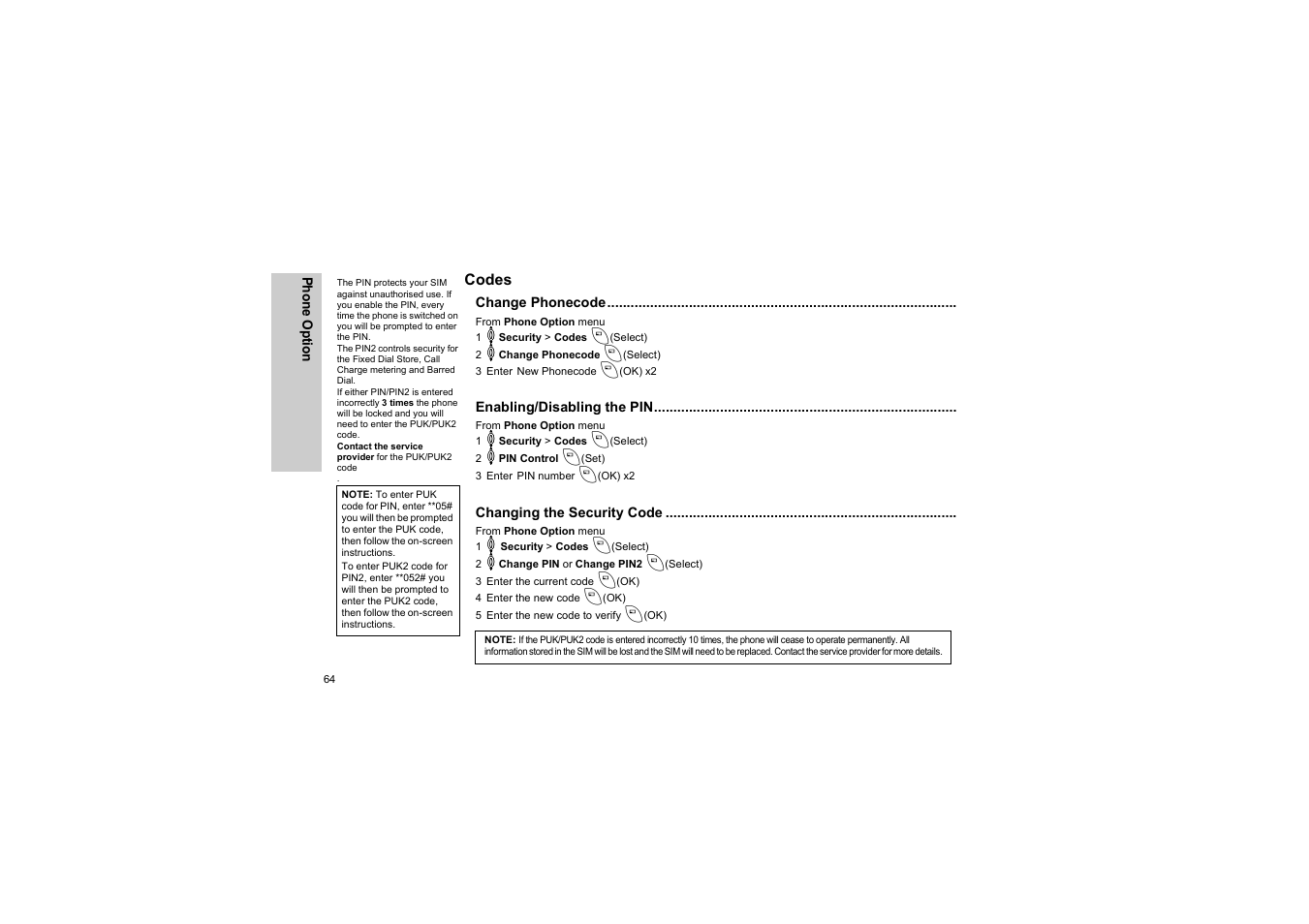 Codes, Change phonecode, Enabling/disabling the pin | Changing the security code | Panasonic EB-G50 User Manual | Page 67 / 104