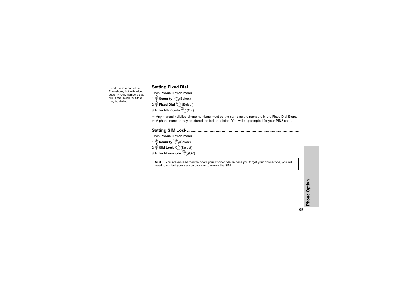 Setting fixed dial, Setting sim lock | Panasonic EB-G50 User Manual | Page 68 / 104