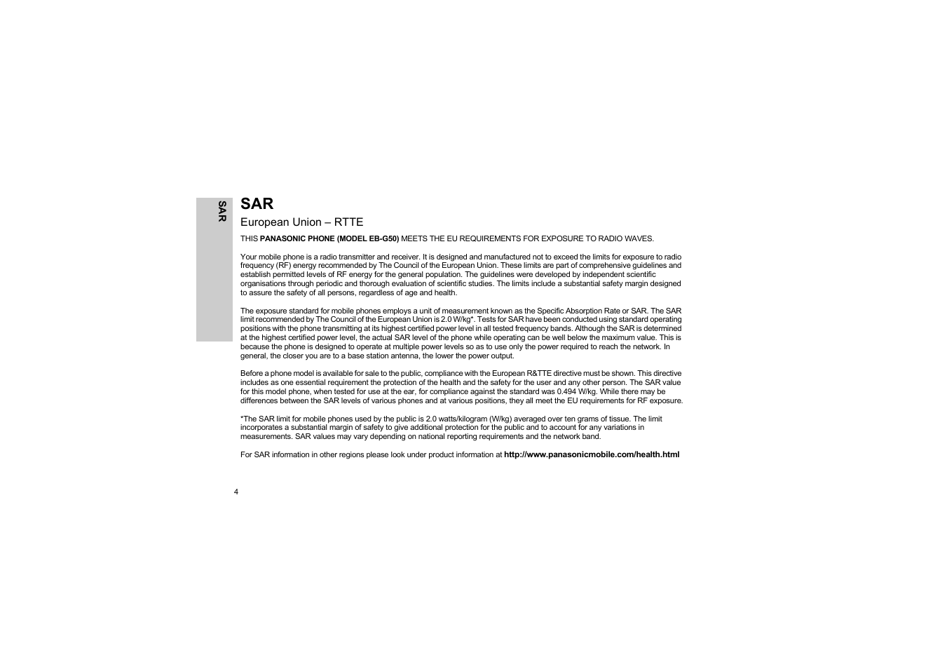 European union - rtte, European union – rtte | Panasonic EB-G50 User Manual | Page 7 / 104