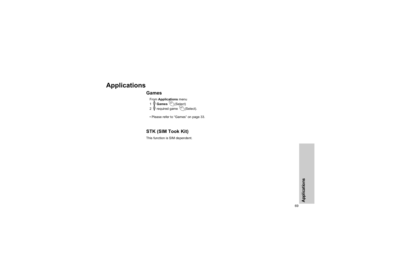 Applications, Games, Stk (sim took kit) | Games stk (sim took kit) | Panasonic EB-G50 User Manual | Page 72 / 104