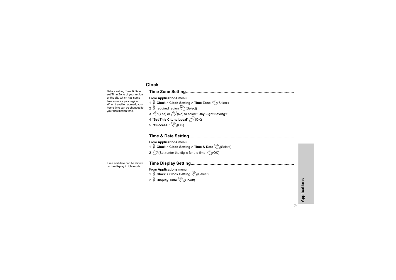 Clock, Time zone setting, Time & date setting | Time display setting | Panasonic EB-G50 User Manual | Page 74 / 104