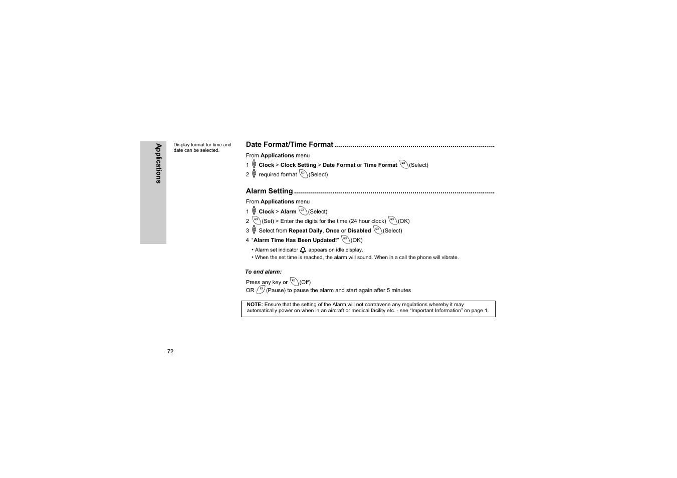 Date format/time format, Alarm setting, To end alarm | Panasonic EB-G50 User Manual | Page 75 / 104