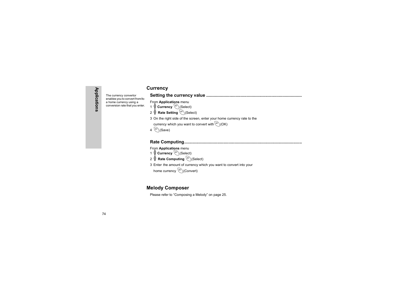Currency, Setting the currency value, Rate computing | Melody composer, Currency melody composer | Panasonic EB-G50 User Manual | Page 77 / 104