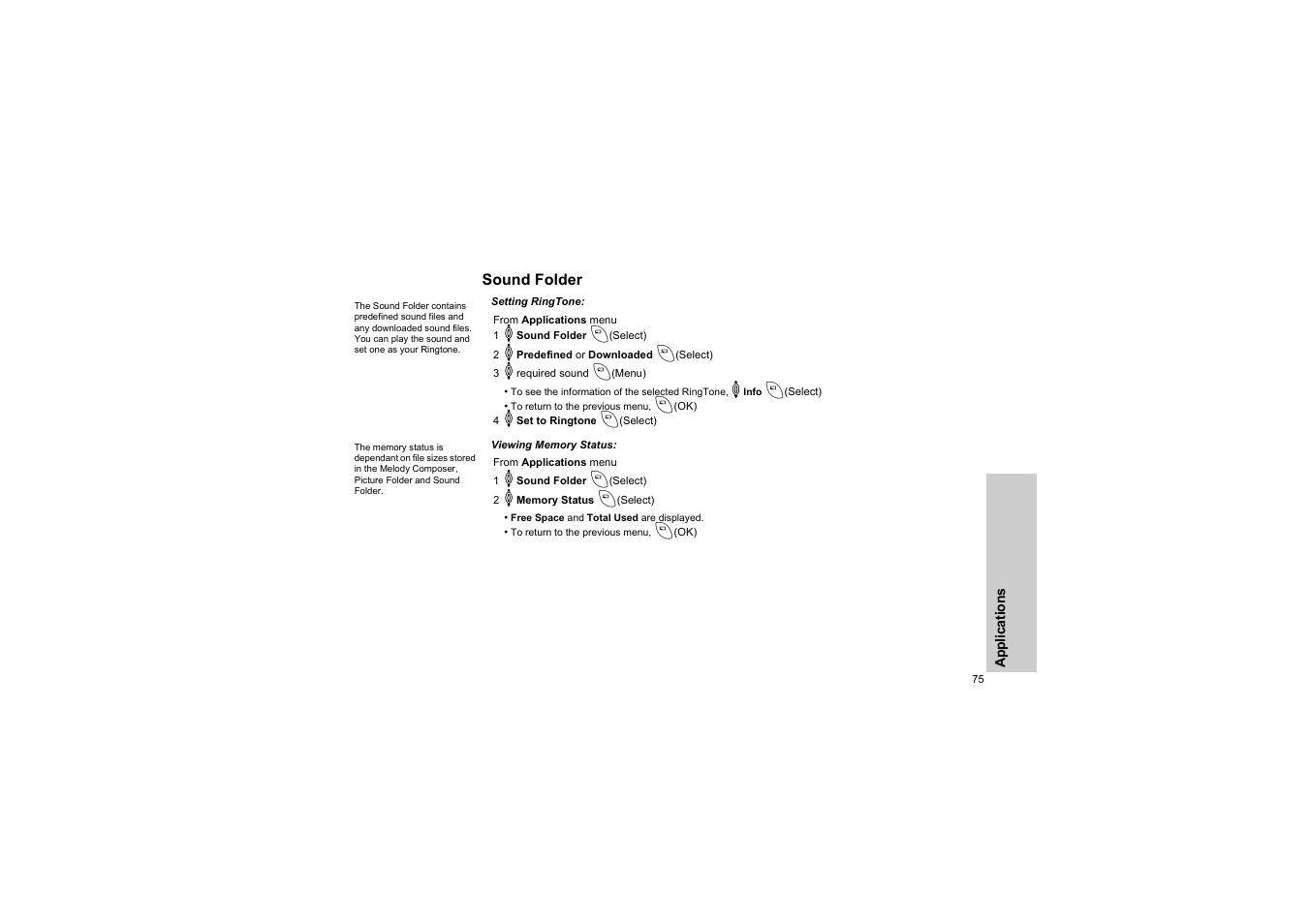 Sound folder, Setting ringtone, Viewing memory status | Panasonic EB-G50 User Manual | Page 78 / 104