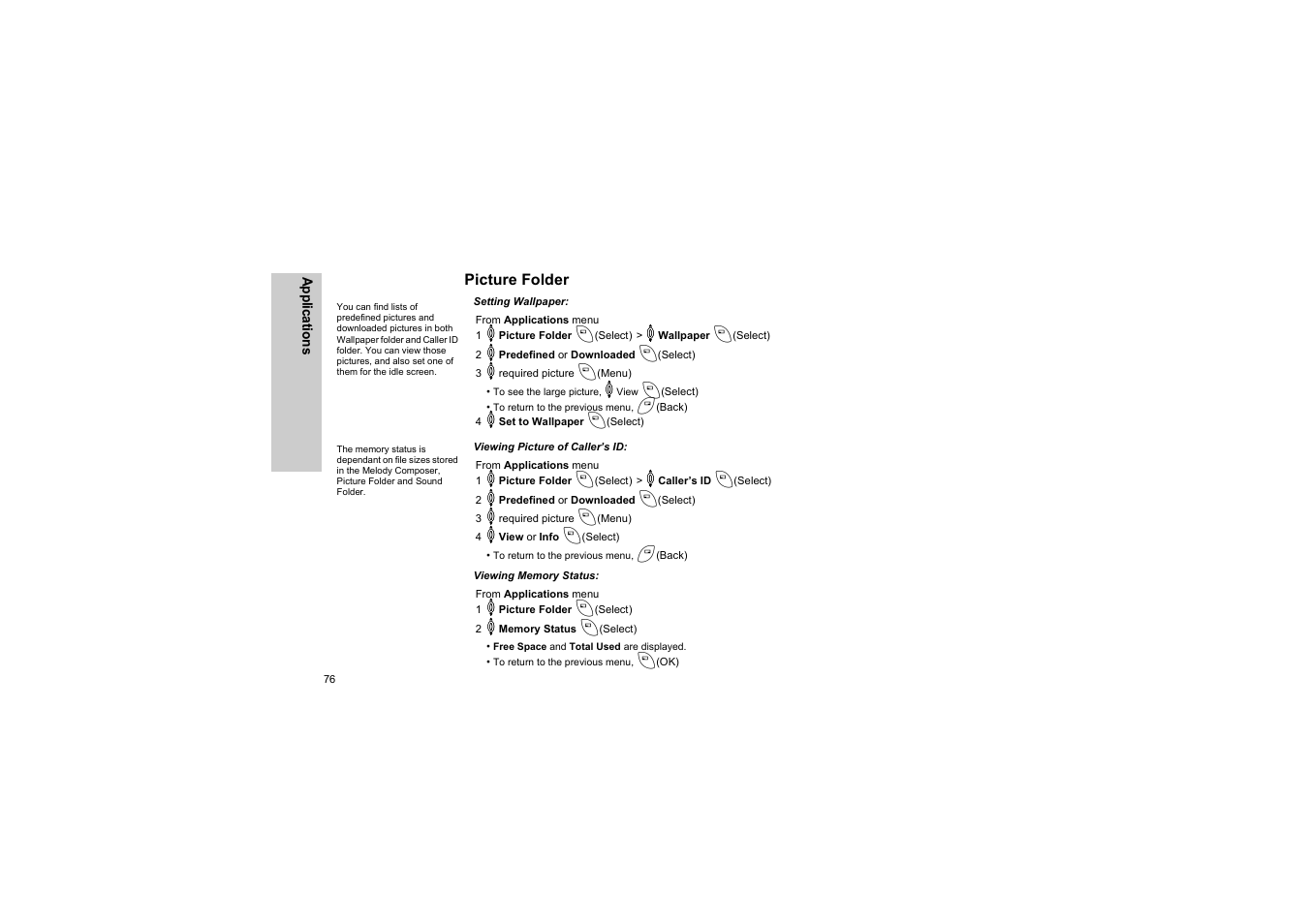 Picture folder, Setting wallpaper, Viewing picture of caller’s id | Viewing memory status | Panasonic EB-G50 User Manual | Page 79 / 104