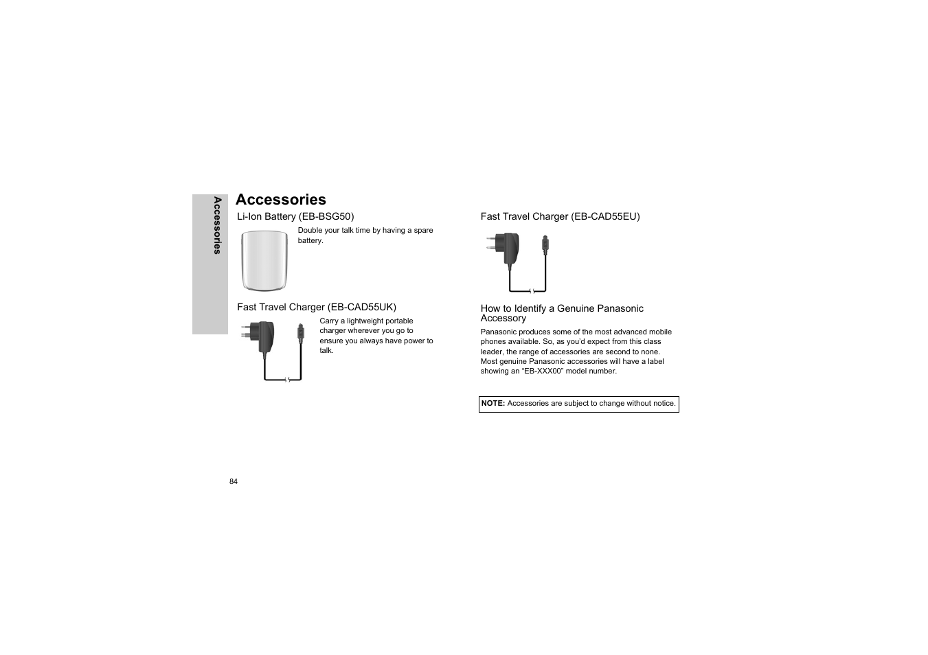 Accessories, Li-ion battery (eb-bsg50), Fast travel charger (eb-cad55uk) | Fast travel charger (eb-cad55eu), How to identify a genuine panasonic accessory | Panasonic EB-G50 User Manual | Page 87 / 104