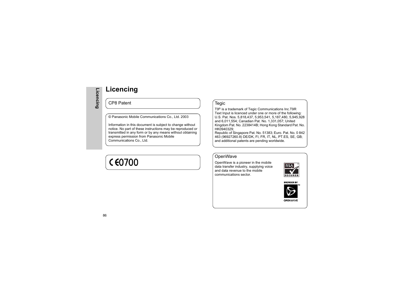 Licencing, Cp8 patent, Tegic | Openwave | Panasonic EB-G50 User Manual | Page 89 / 104