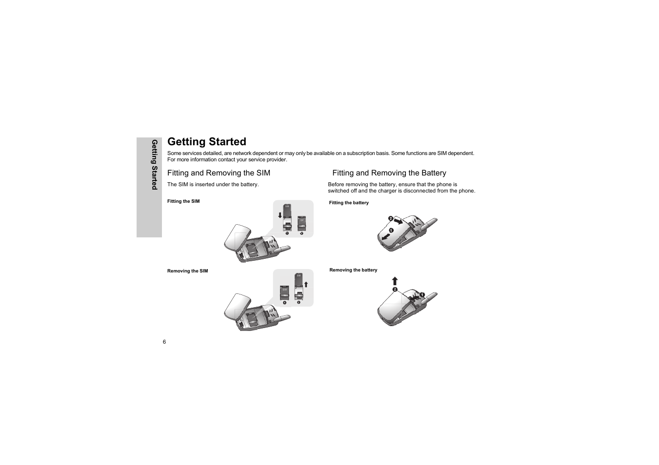 Getting started, Fitting and removing the sim, Fitting and removing the battery | Getting starte d | Panasonic EB-G50 User Manual | Page 9 / 104