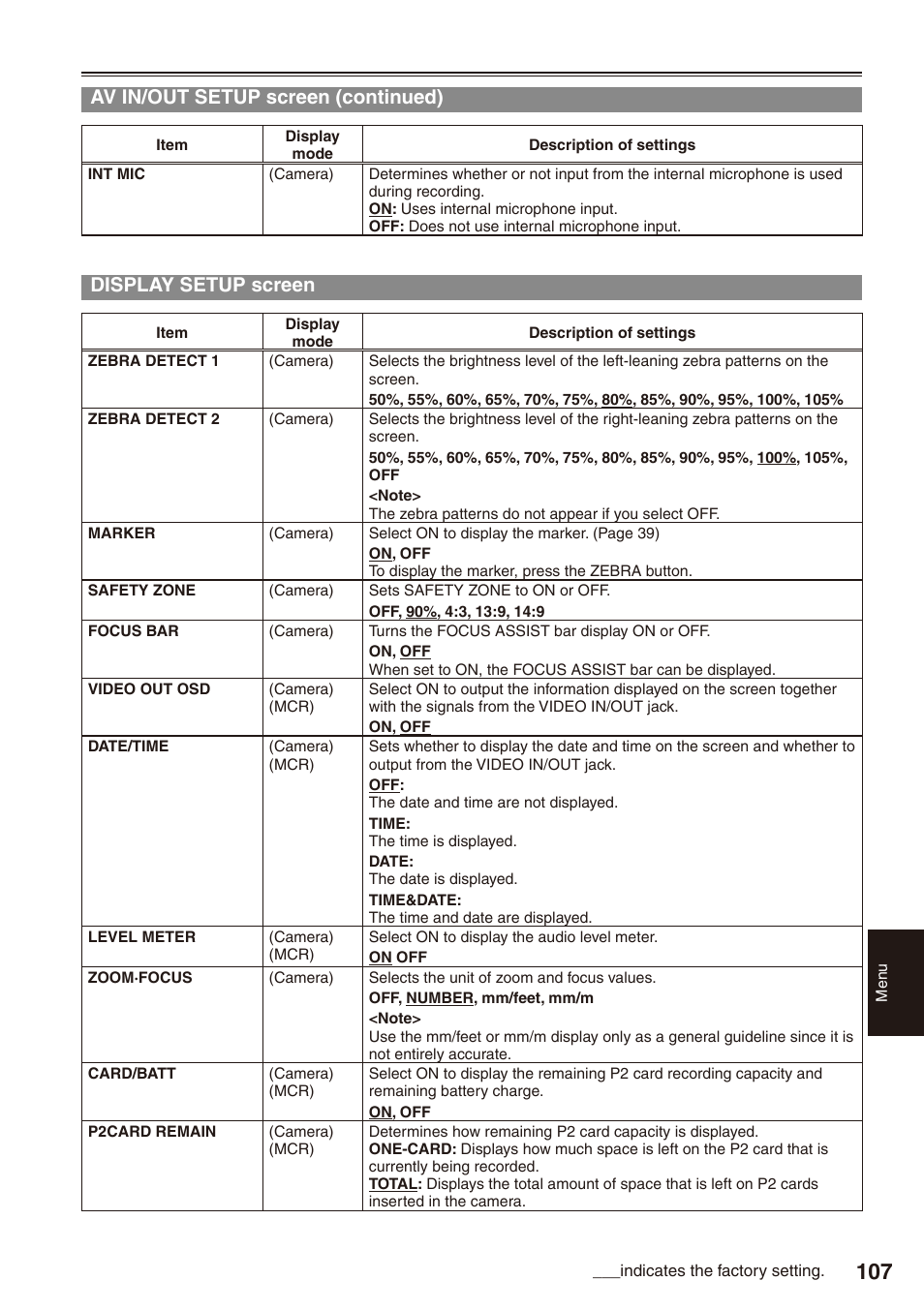 Display setup screen, Av in/out setup screen (continued) | Panasonic AG-HPX172EN User Manual | Page 107 / 128