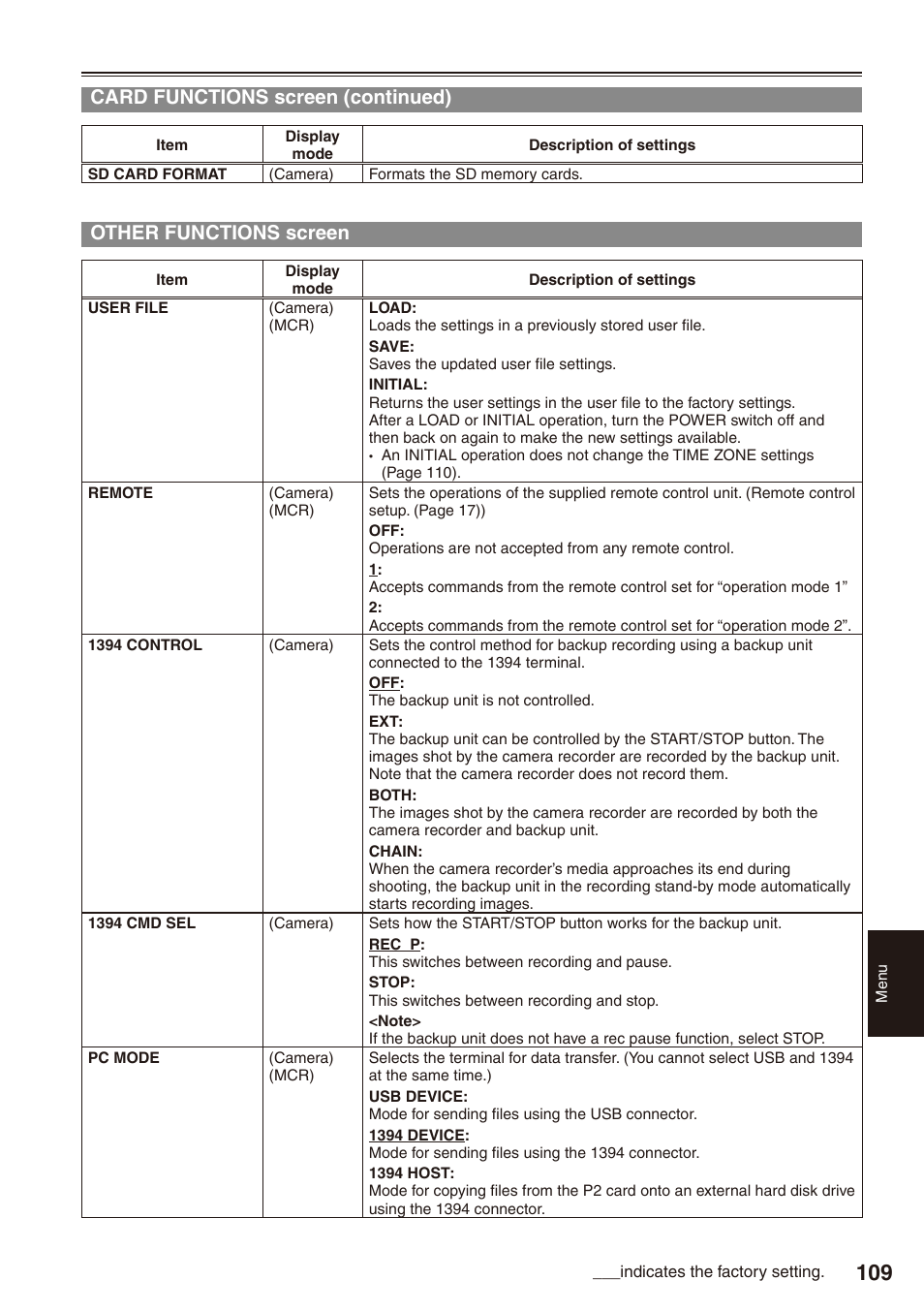 Other functions screen, 109) to, Card functions screen (continued) | Panasonic AG-HPX172EN User Manual | Page 109 / 128