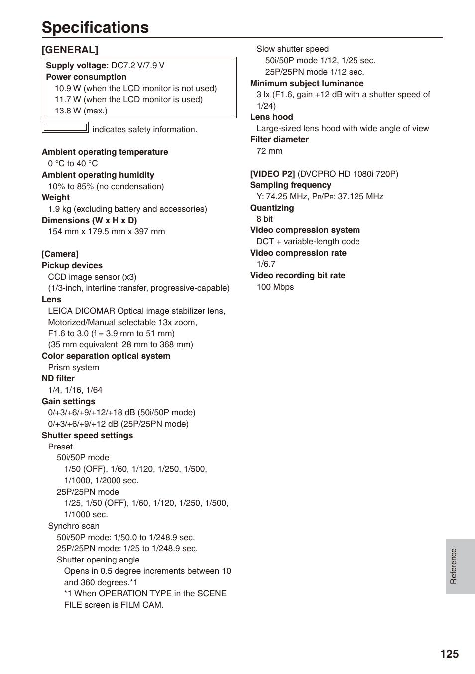 Specifications, Specifications 5 | Panasonic AG-HPX172EN User Manual | Page 125 / 128