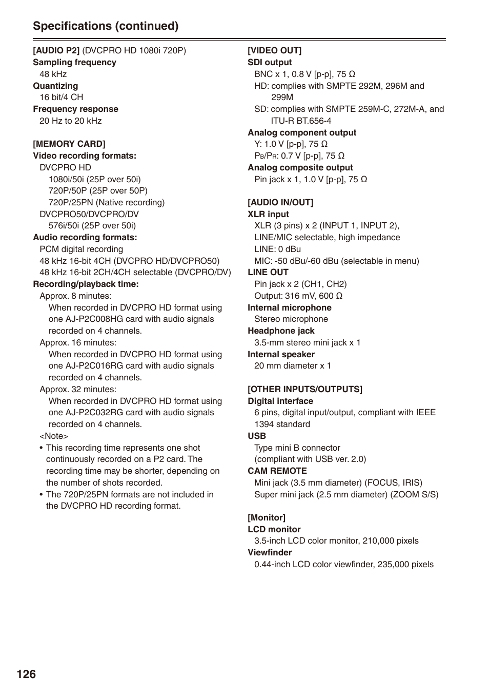 Specifications (continued) | Panasonic AG-HPX172EN User Manual | Page 126 / 128