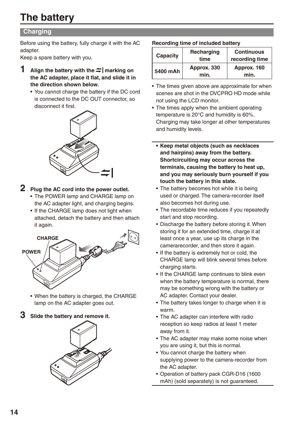 Preparation, The battery, Charging | Panasonic AG-HPX172EN User Manual | Page 14 / 128