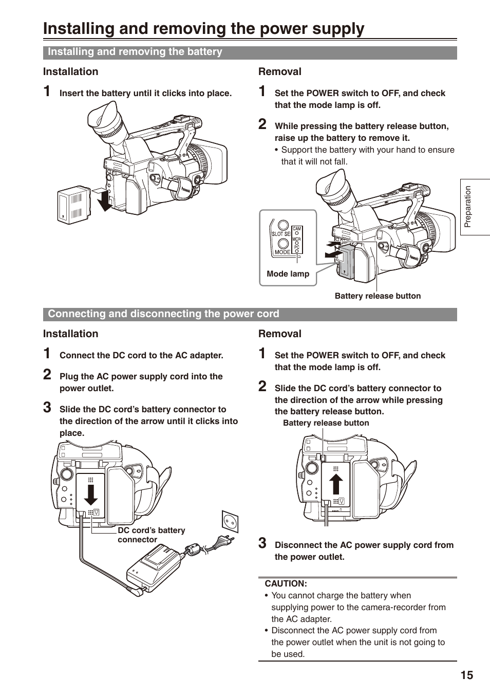 Installing and removing the power supply, Installing and removing the battery, Connecting and disconnecting the power cord | The power cord | Panasonic AG-HPX172EN User Manual | Page 15 / 128