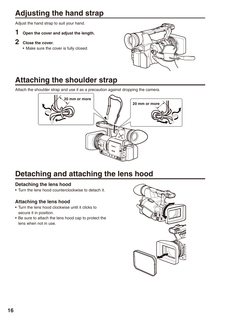 Adjusting the hand strap, Attaching the shoulder strap, Detaching and attaching the lens hood | Panasonic AG-HPX172EN User Manual | Page 16 / 128